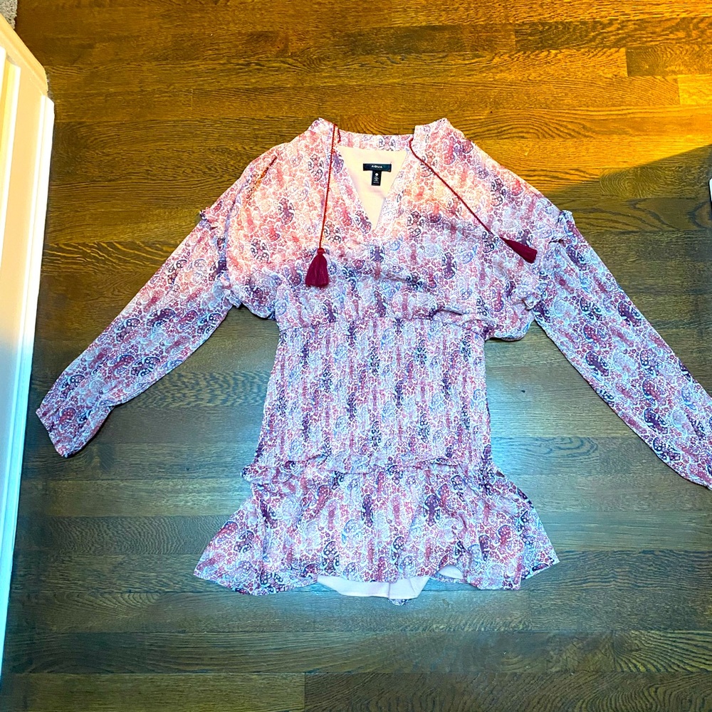Small, Bloomingdale’s Aqua smocked mini dress, long sleeve, pink, worn once